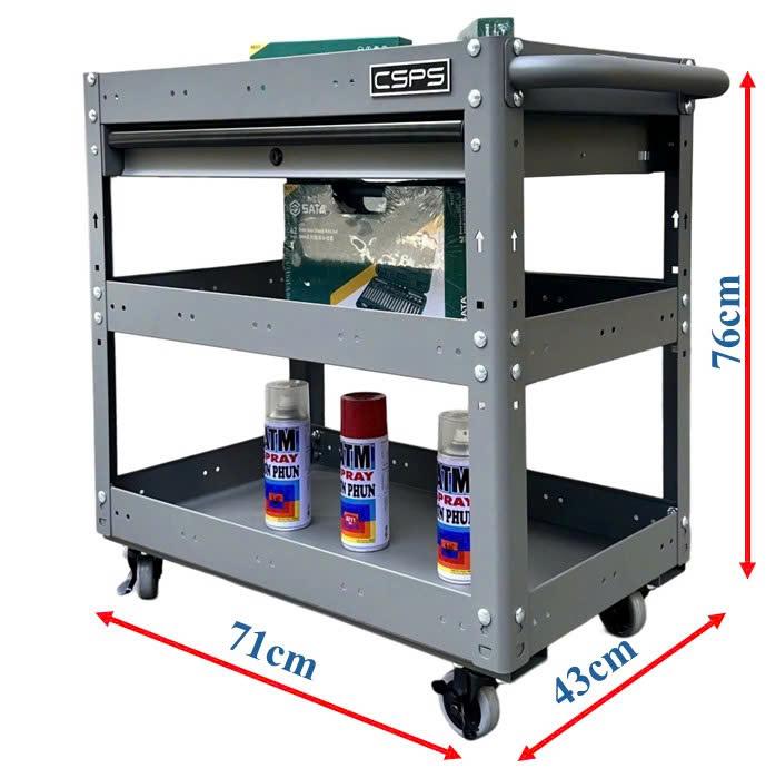 Xe đẩy dụng cụ CSPS 3 ngăn 71cm màu xám: Chọn bản vách lưới hay hộc kéo để tối ưu?