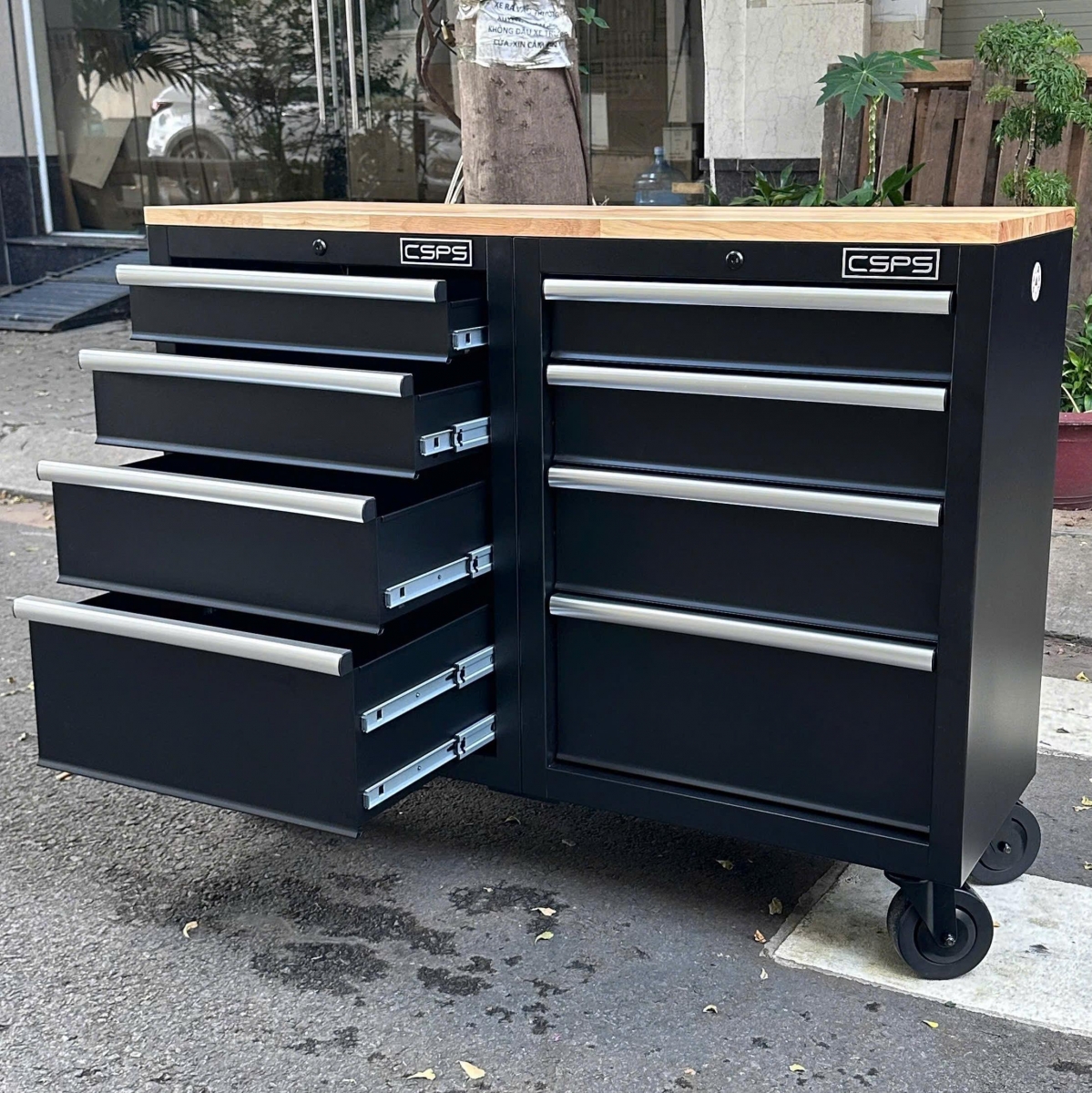 Đánh giá chi tiết Tủ dụng cụ CSPS 122cm 08 hộc kéo màu đen mặt ván gỗ mới ra mắt