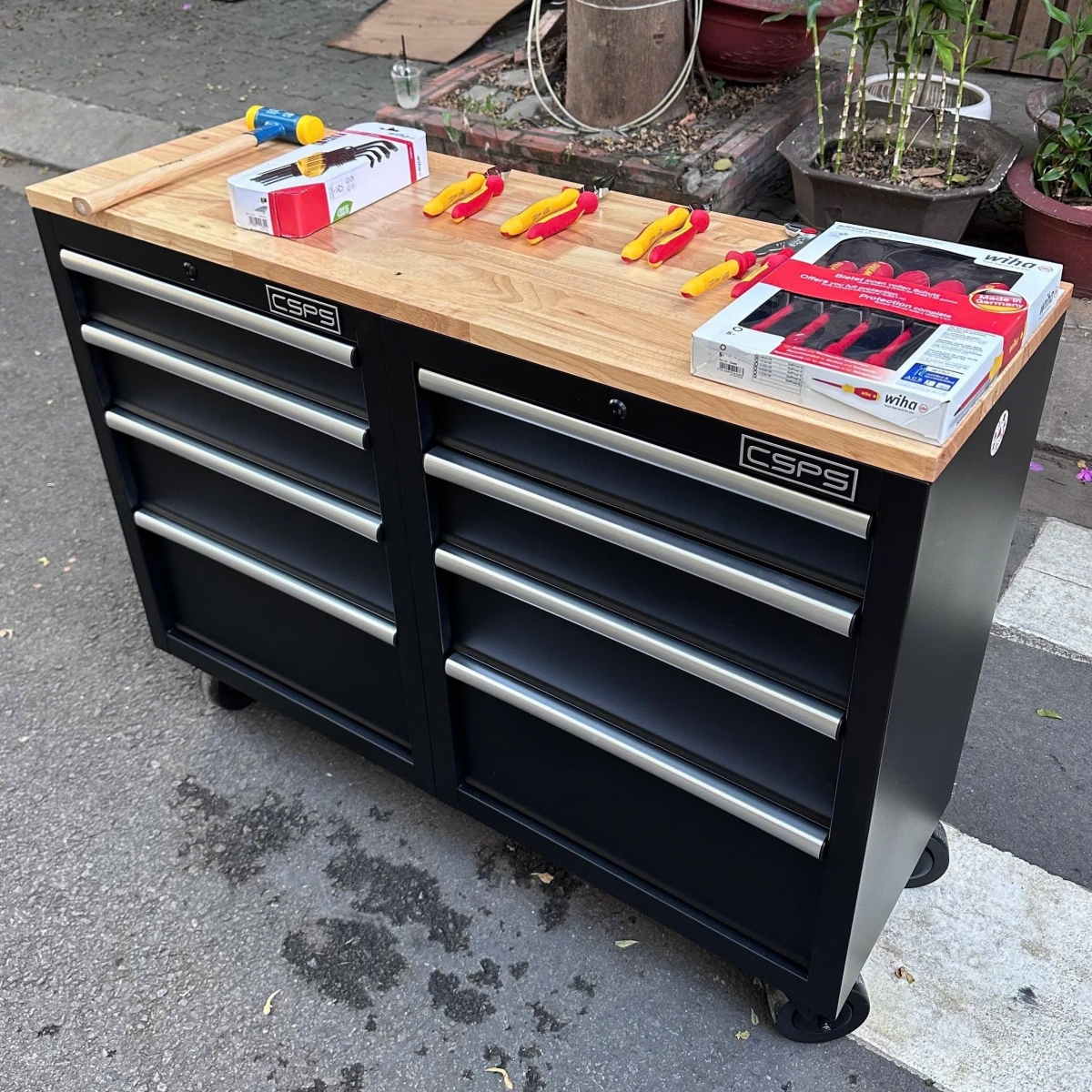 Đánh giá chi tiết Tủ dụng cụ CSPS 122cm 08 hộc kéo màu đen mặt ván gỗ mới ra mắt