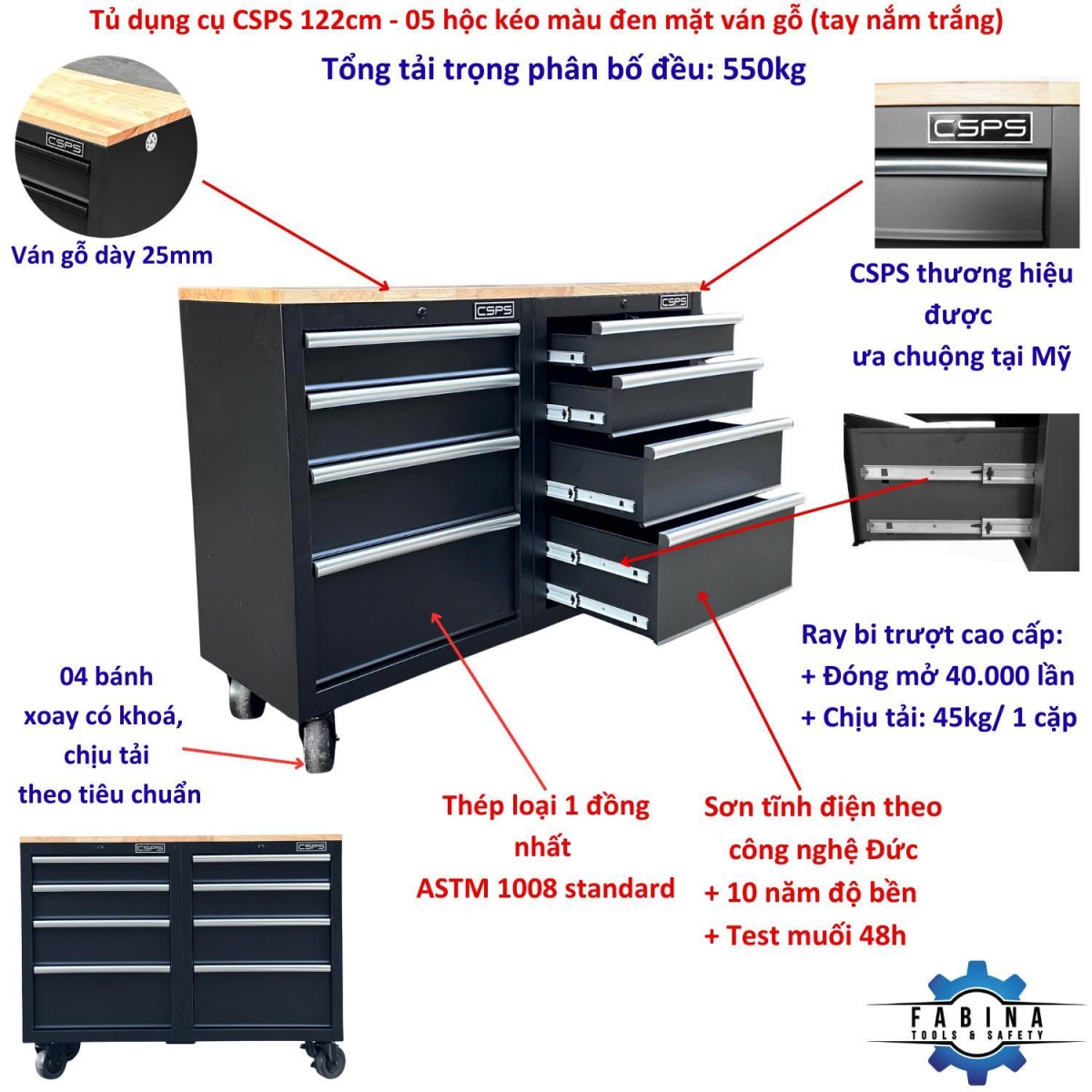 Đánh giá chi tiết Tủ dụng cụ CSPS 122cm 08 hộc kéo màu đen mặt ván gỗ mới ra mắt