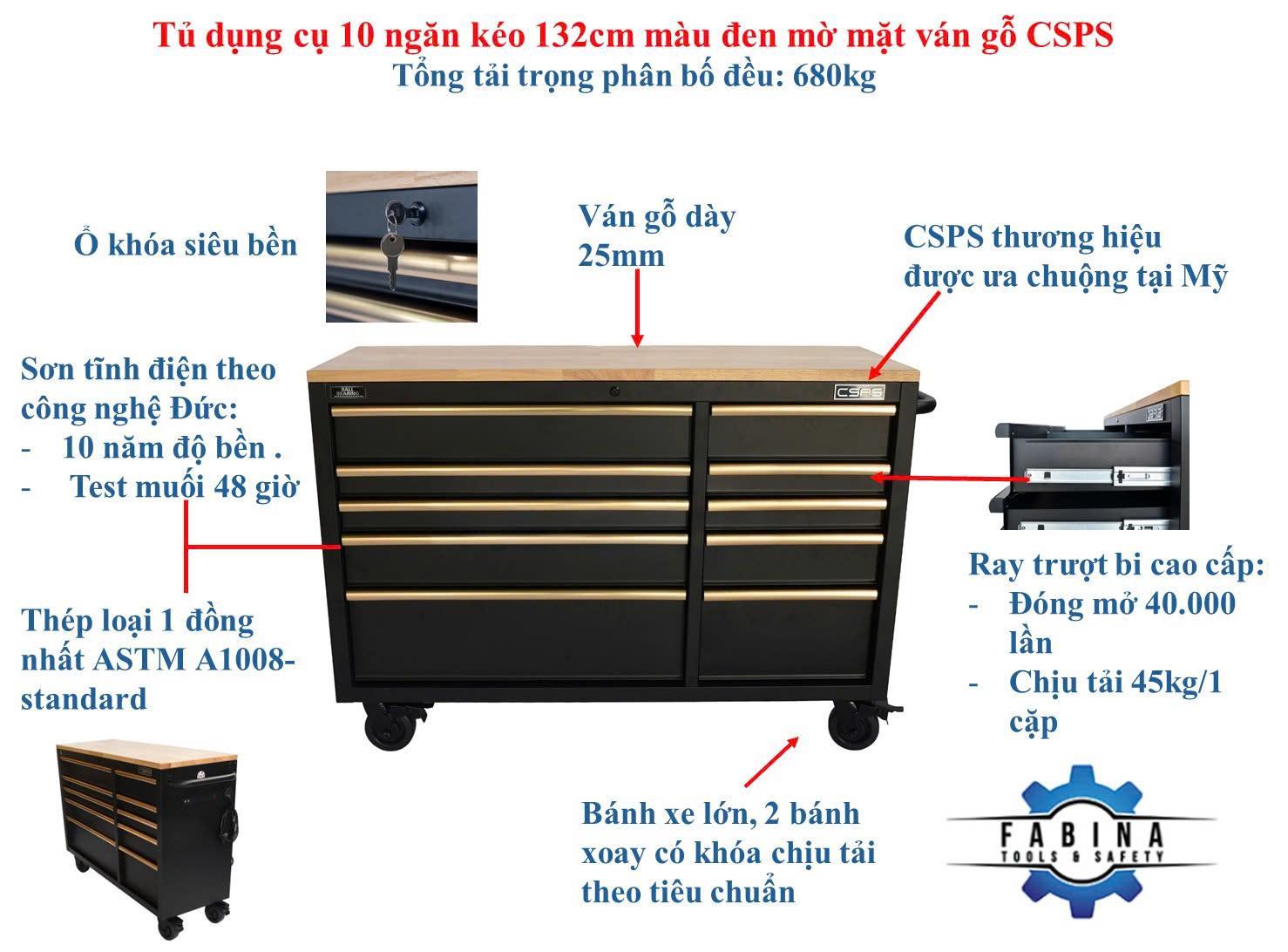 Địa chỉ uy tín mua tủ dụng cụ CSPS 132cm 10 hộc kéo tay cầm vàng tại Việt Nam