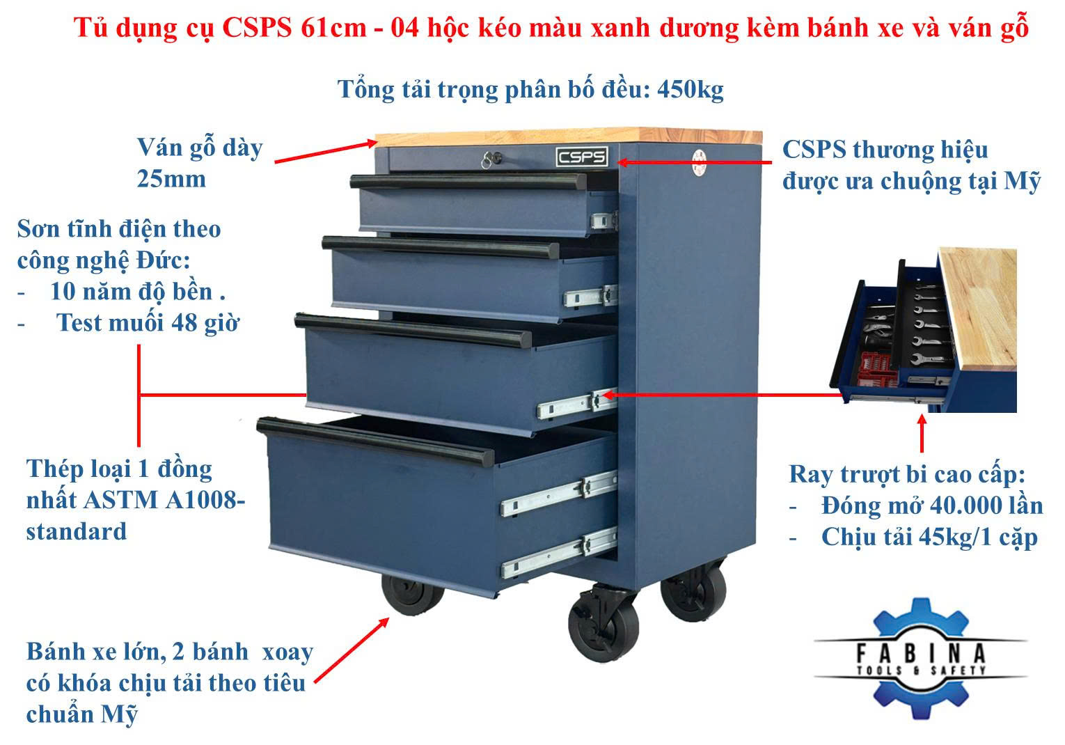 Các mẫu tủ dụng cụ CSPS 61cm- 4 hộc kéo màu xanh dương