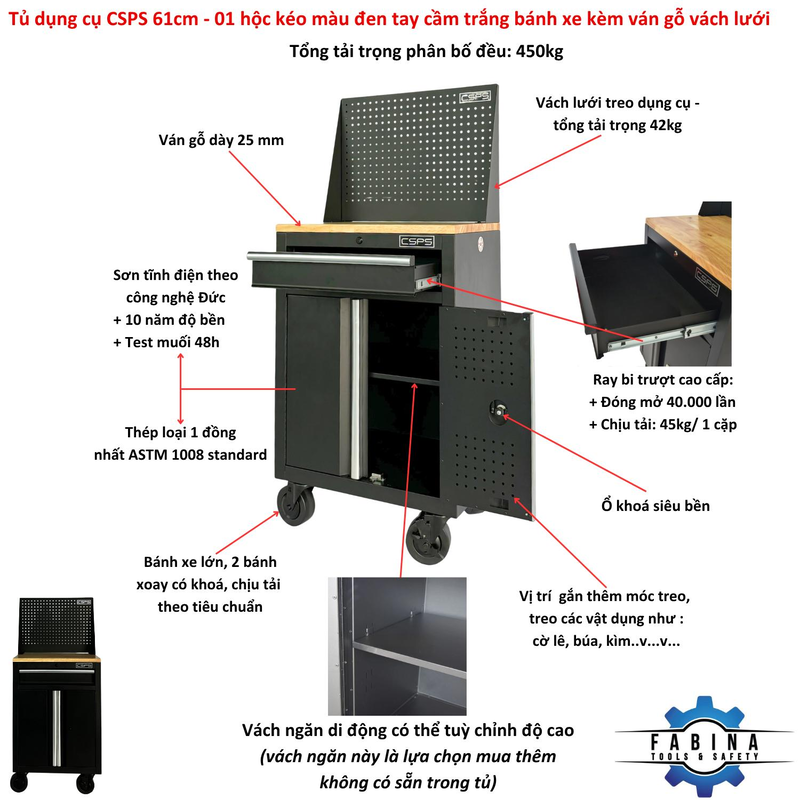 Review Tủ Dụng Cụ 61cm FABINA 1 Hộc Kéo Kèm Vách Lưới Và Bánh Xe Có Đáng Mua?