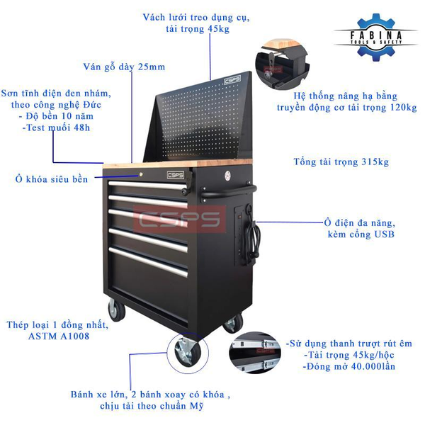 Tủ Dụng Cụ 5 Ngăn Kéo CSPS Mặt Gỗ Nâng Hạ Cho Xưởng Hiện Đại