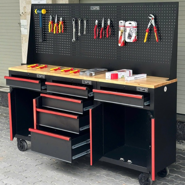 Tủ Sắt Đựng Đồ Cơ Khí 183cm Với 6 Hộc Kéo Và Mặt Ván Gỗ