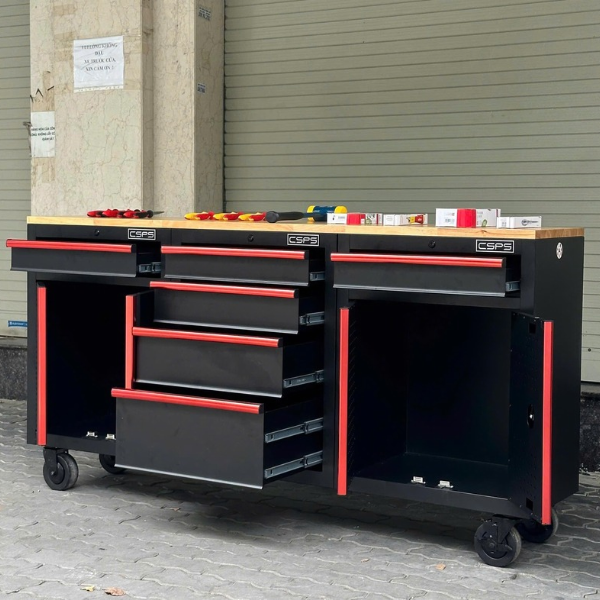 Tủ Sắt Đựng Đồ Cơ Khí 183cm Với 6 Hộc Kéo Và Mặt Ván Gỗ