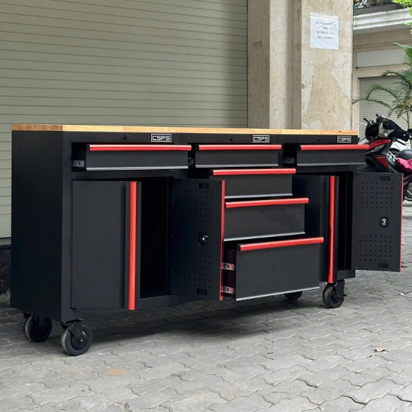 Tủ Sắt Đựng Đồ Cơ Khí 183cm Với 6 Hộc Kéo Và Mặt Ván Gỗ