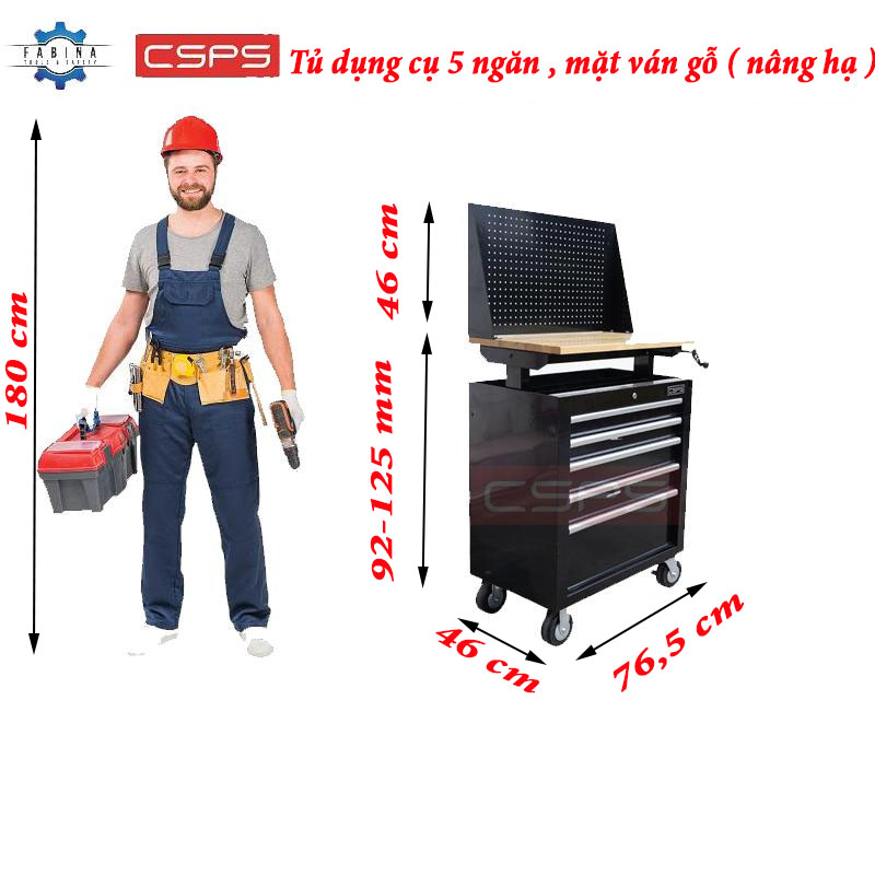 Tủ dụng cụ 5 ngăn kéo, mặt ván gỗ nâng hạ và vách lưới CSPS chất lượng cao