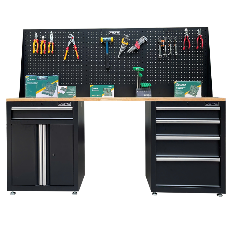 Bộ Bàn Nguội CSPS 183cm - 05 hộc kéo màu đen mặt ván gỗ vách lưới kèm chân tăng chỉnh tay cầm trắng(Không vách ngăn)