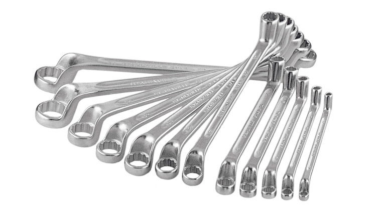 Double-ended ring spanner set, deep cranked 8