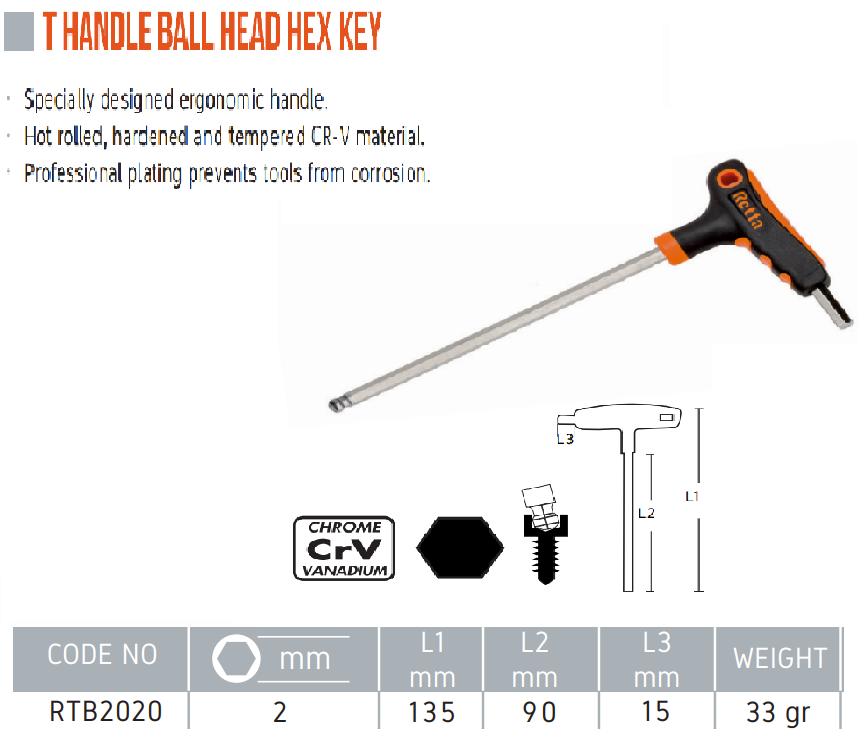 Tay vặn T lục giác đầu bi 2mm Retta RXB1020 Thổ Nhĩ Kỳ