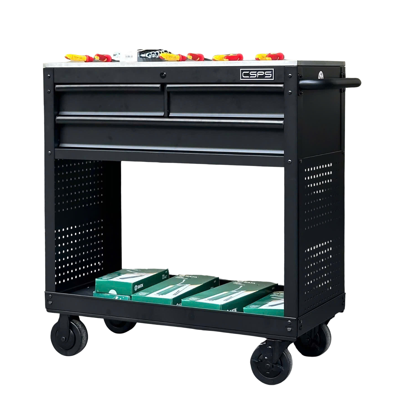 CSPS Matt Black tool cabinet 91cm with Stainless Steel Top - 03 drawers