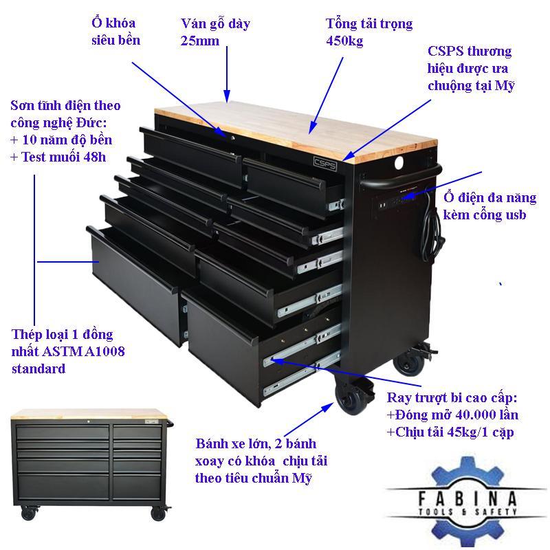 Tủ dụng cụ 10 ngăn kéo 132cm màu đen mờ mặt ván gỗ CSPS