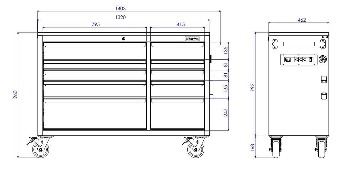 Tủ dụng cụ 10 ngăn kéo 132cm màu đen mờ mặt ván gỗ CSPS