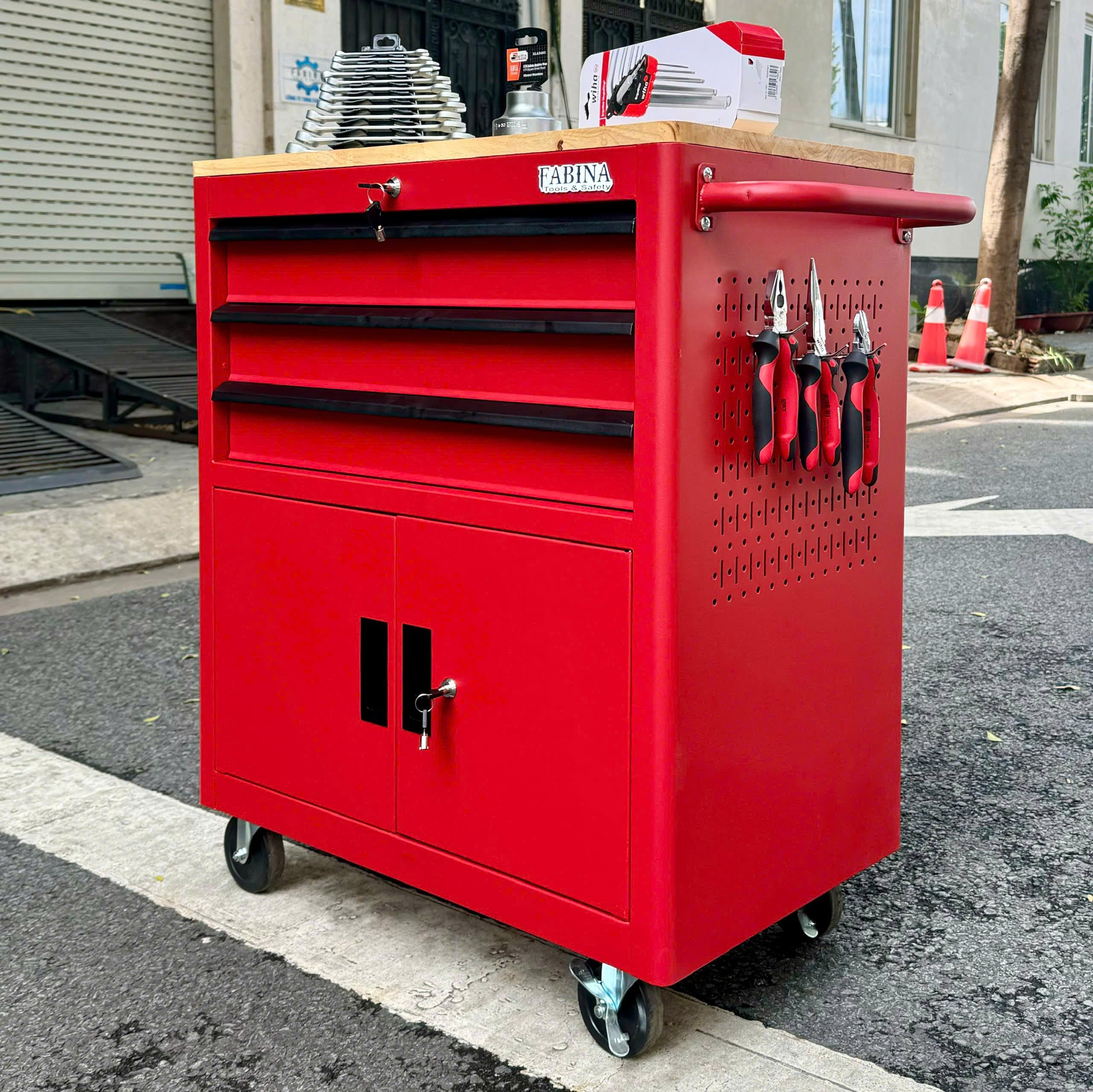 Tủ dụng cụ 3 hộc kéo 2 ngăn chứa màu đỏ Fabina