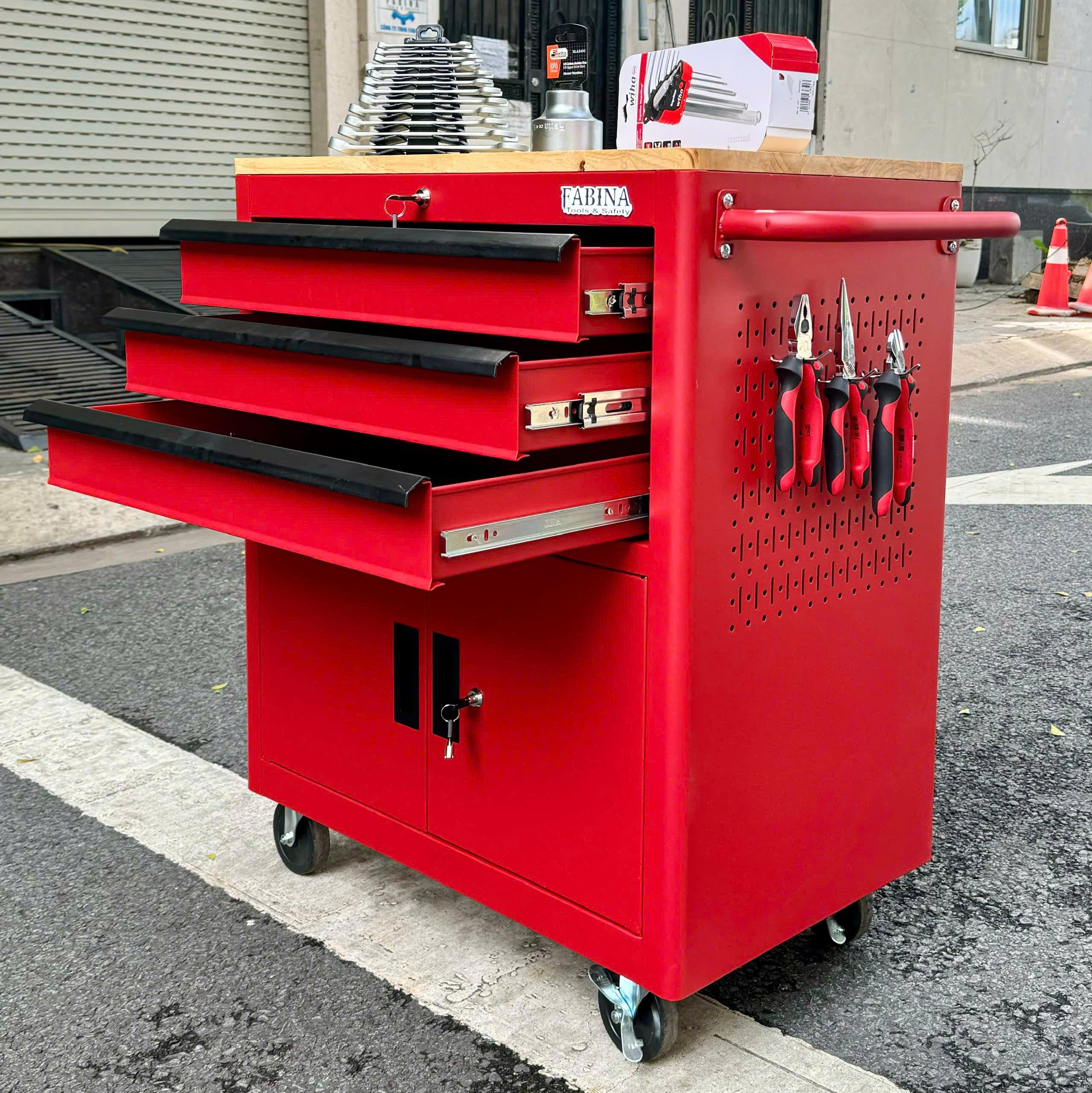 Tủ dụng cụ 3 hộc kéo 2 ngăn chứa màu đỏ Fabina