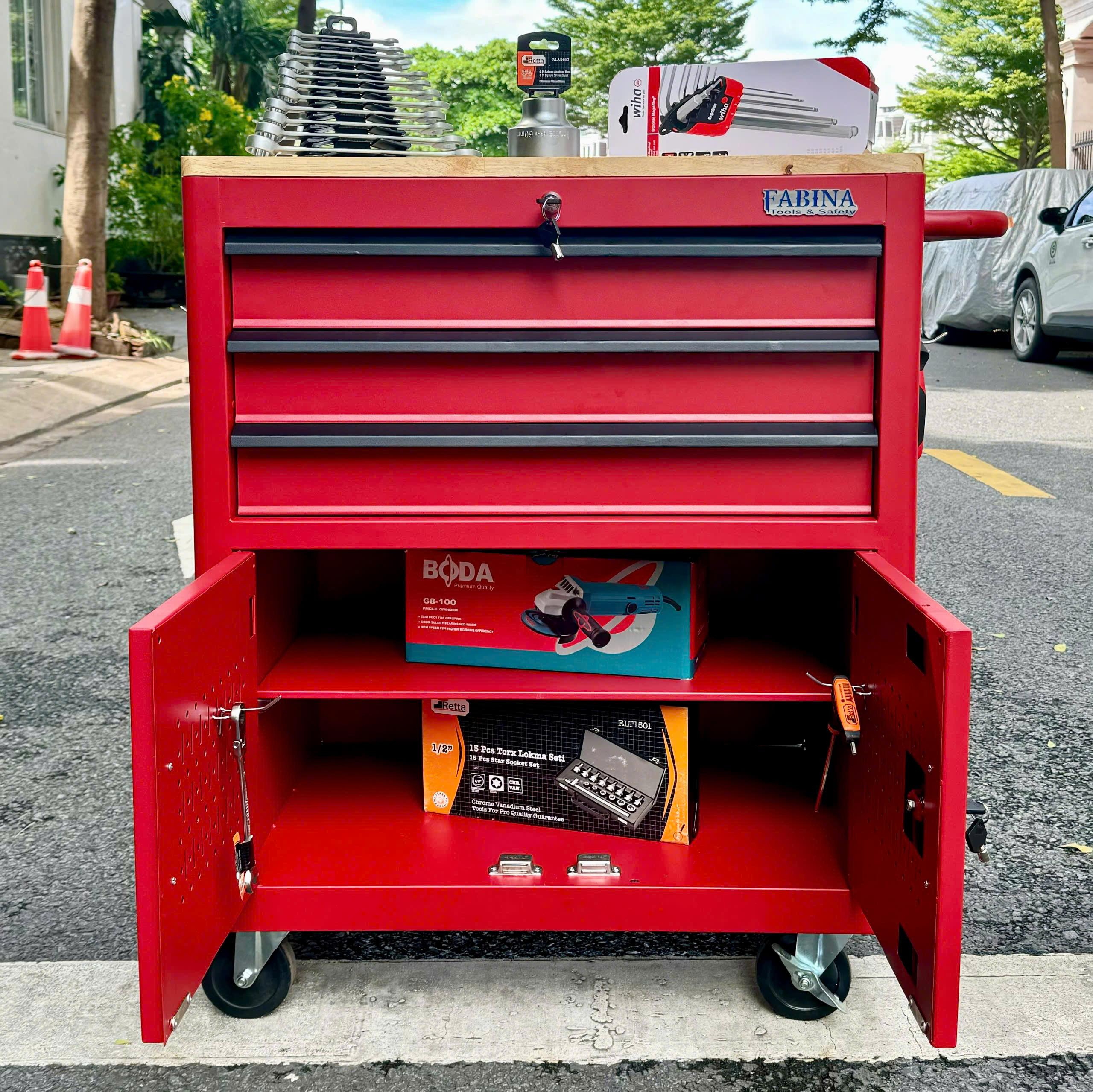 Tủ dụng cụ 3 hộc kéo 2 ngăn chứa màu đỏ Fabina