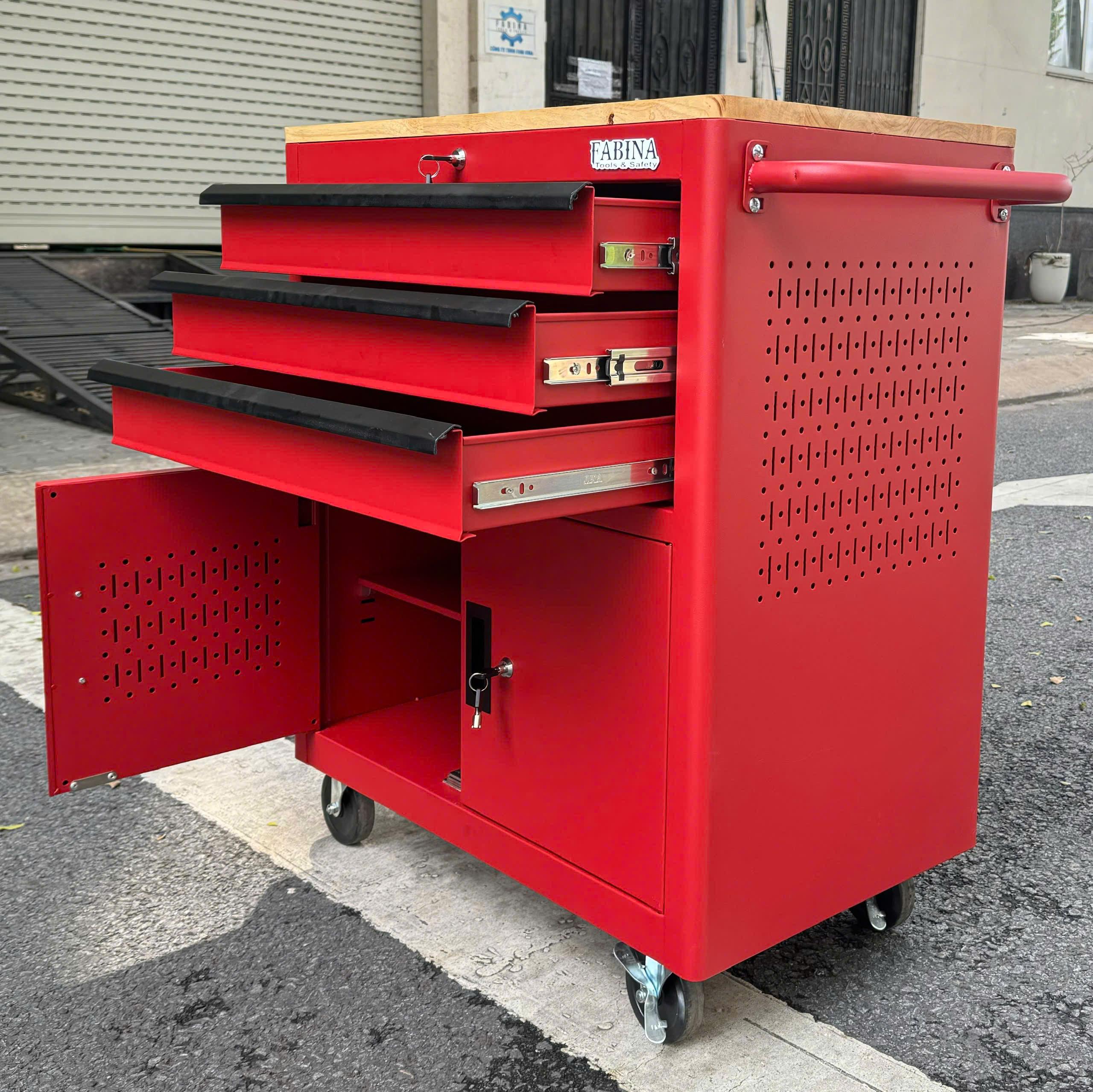 Tủ dụng cụ 3 hộc kéo 2 ngăn chứa màu đỏ Fabina