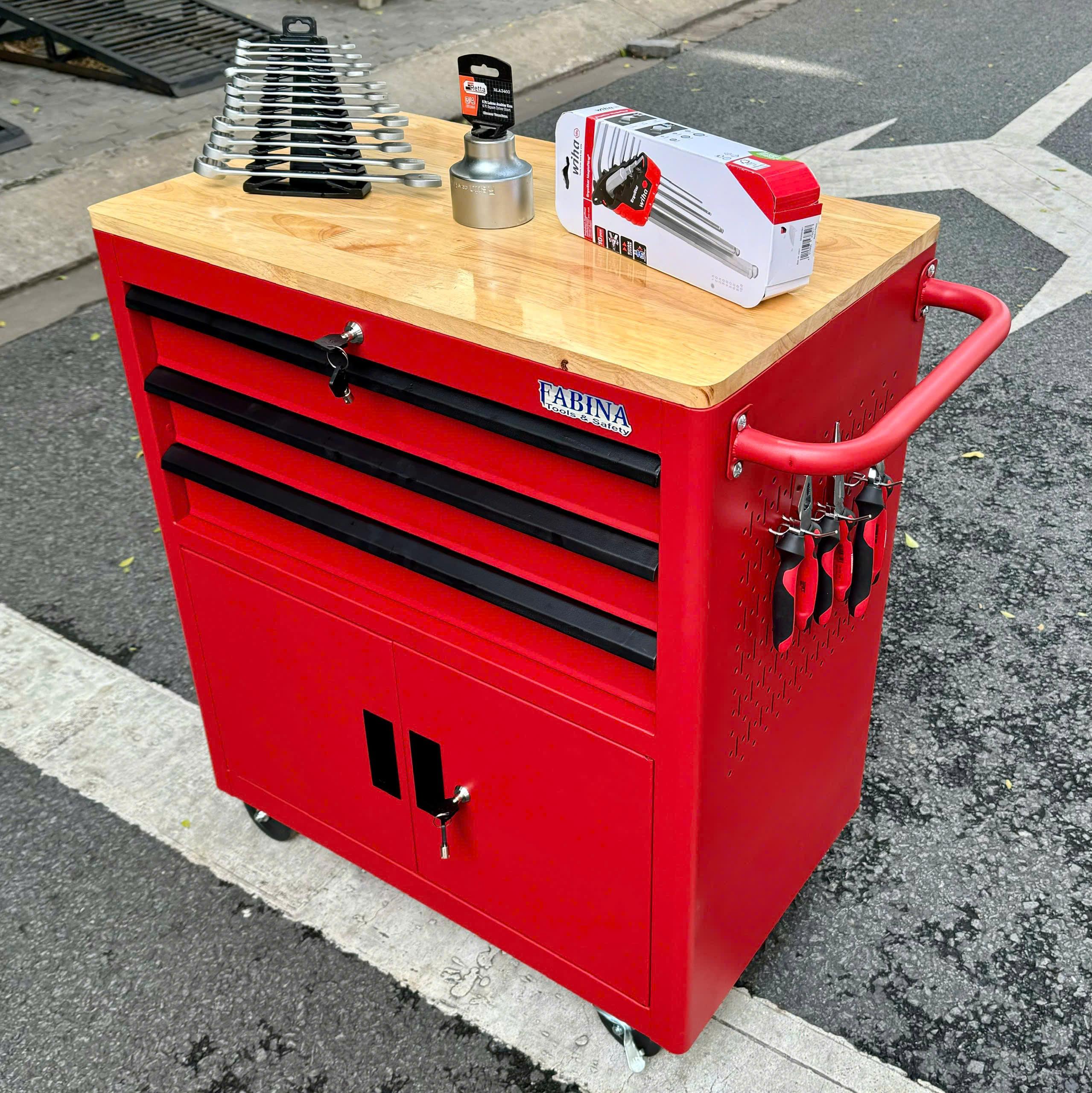 Tủ dụng cụ 3 hộc kéo 2 ngăn chứa màu đỏ Fabina