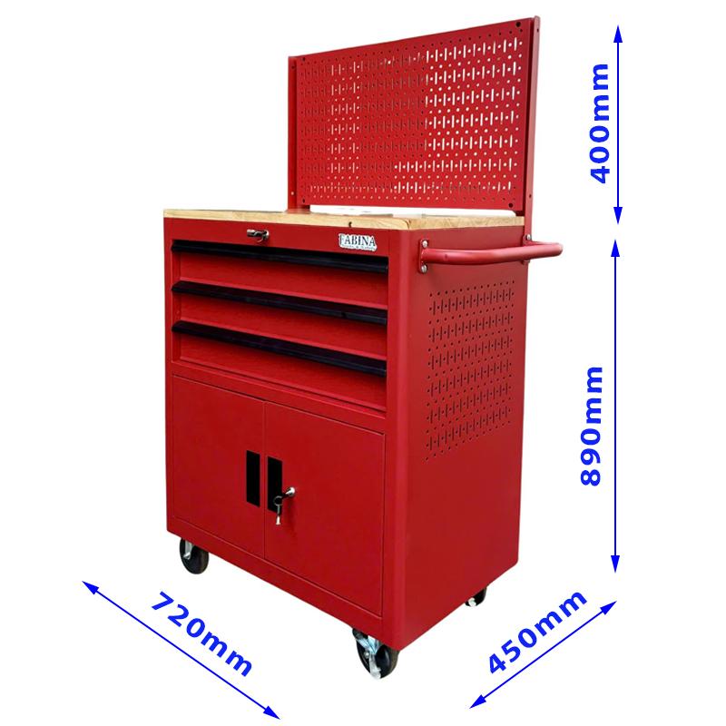 Tủ dụng cụ 3 hộc kéo 2 ngăn chứa màu đỏ kèm vách lưới Fabina