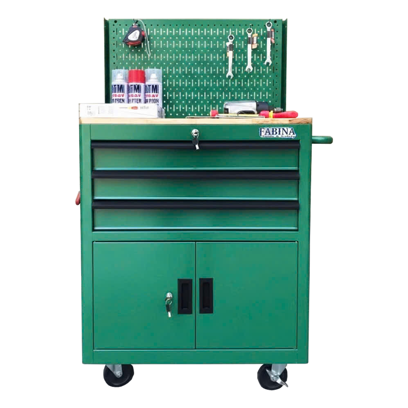 Tủ dụng cụ 3 hộc kéo 2 ngăn chứa màu xanh lá kèm vách lưới Fabina