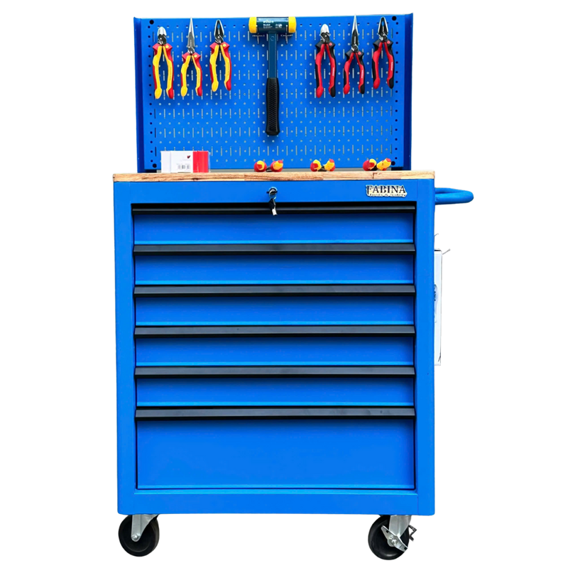 Tủ dụng cụ 6 hộc kéo màu xanh dương kèm vách lưới Fabina