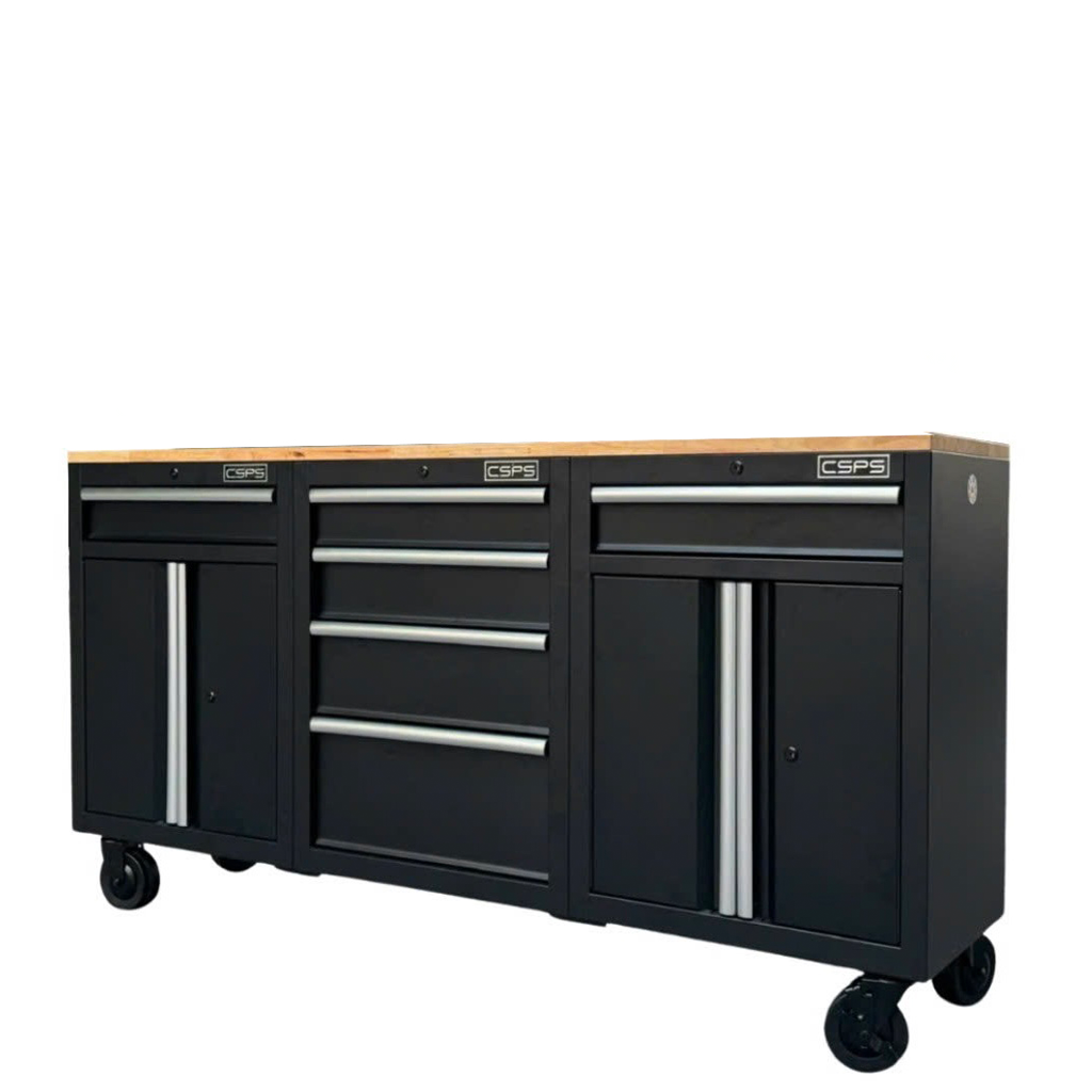 Set of 3 CSPS 183cm black tool cabinets with wooden panel - 06 drawers (white handle)