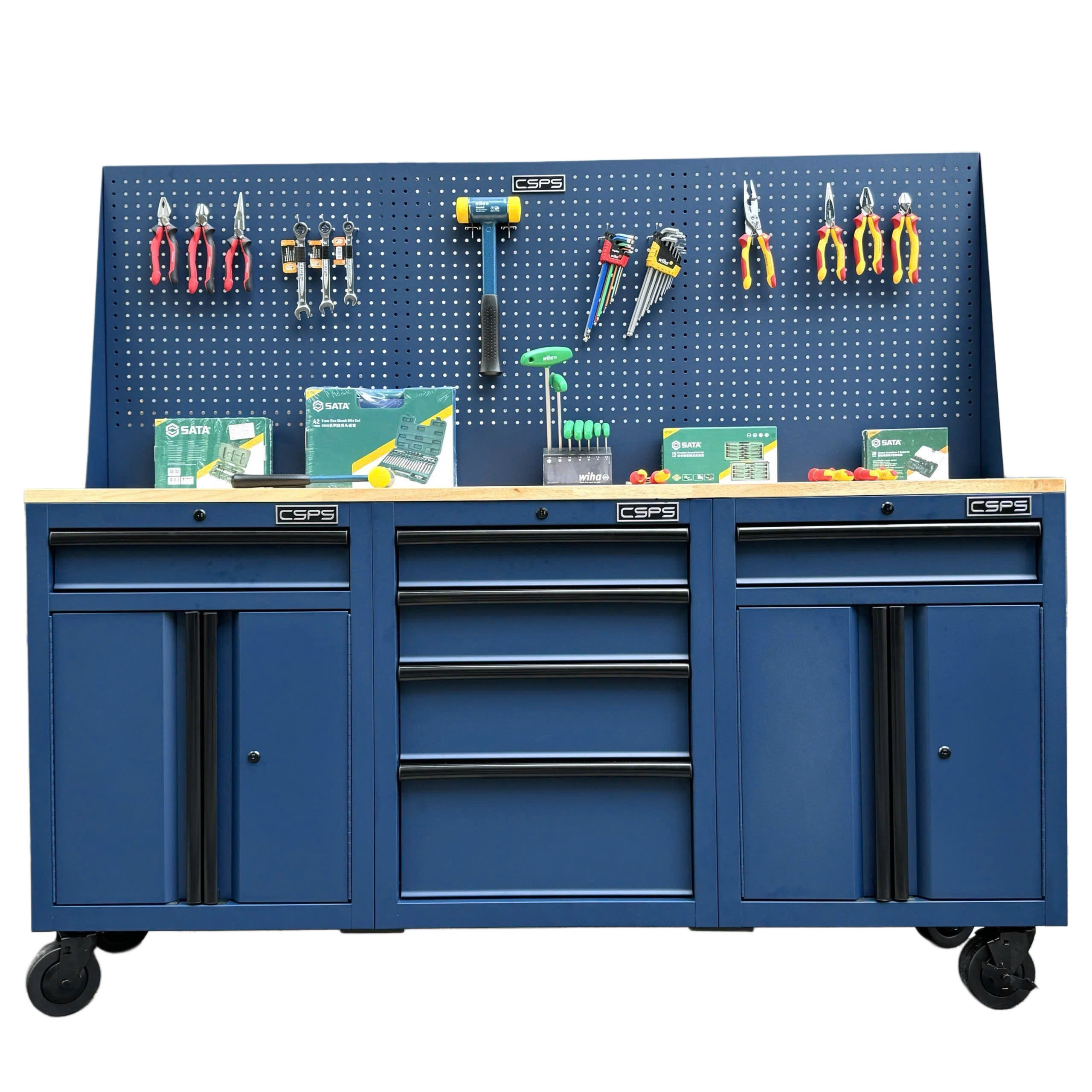 Set of 3 CSPS 183cm blue tool cabinets with wooden panel and mesh wall - 06 drawers