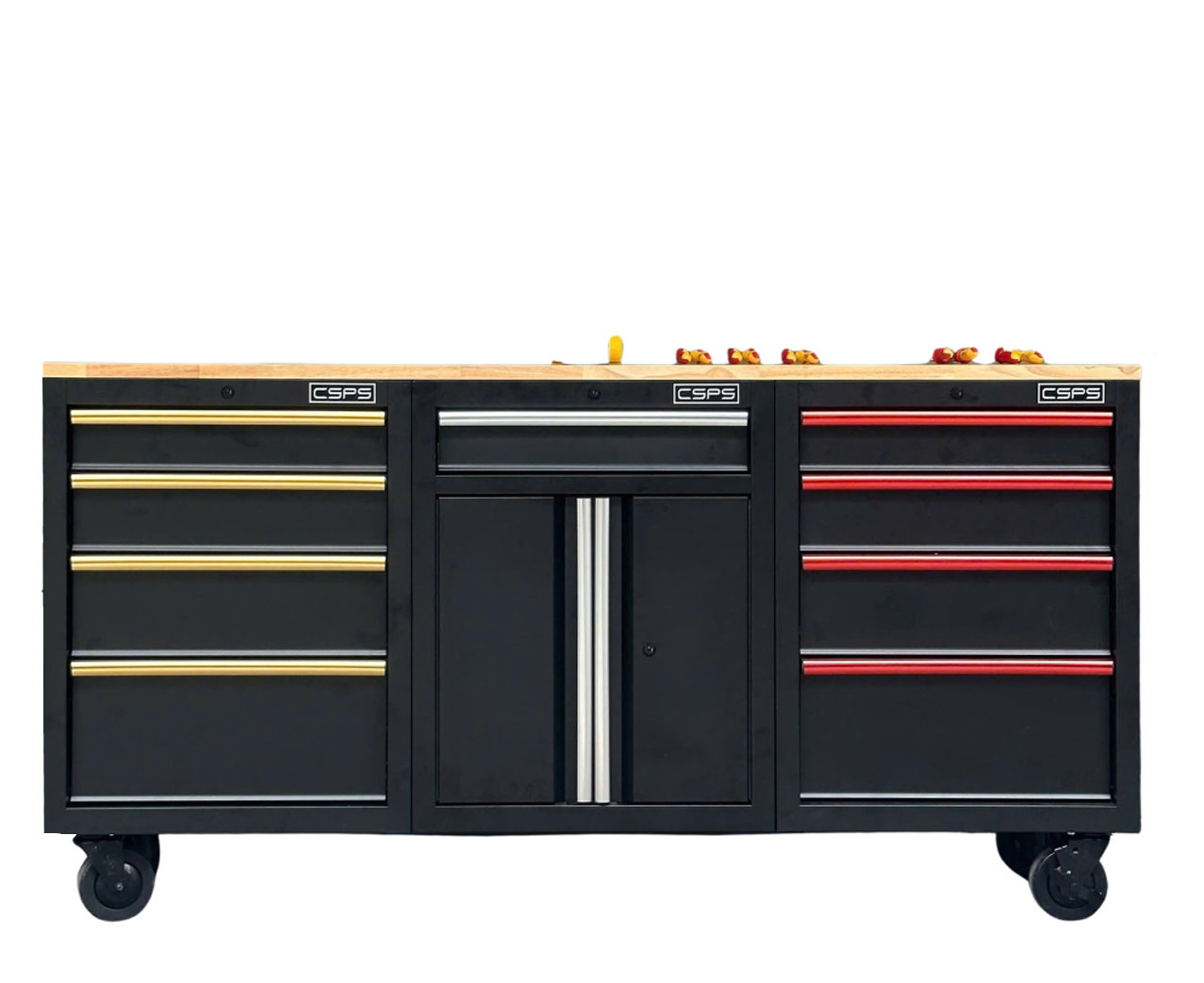 CSPS Matt Black Tool Cabinet 183cm with Wooden Top - 9 Drawers (Multi-Color Handles)