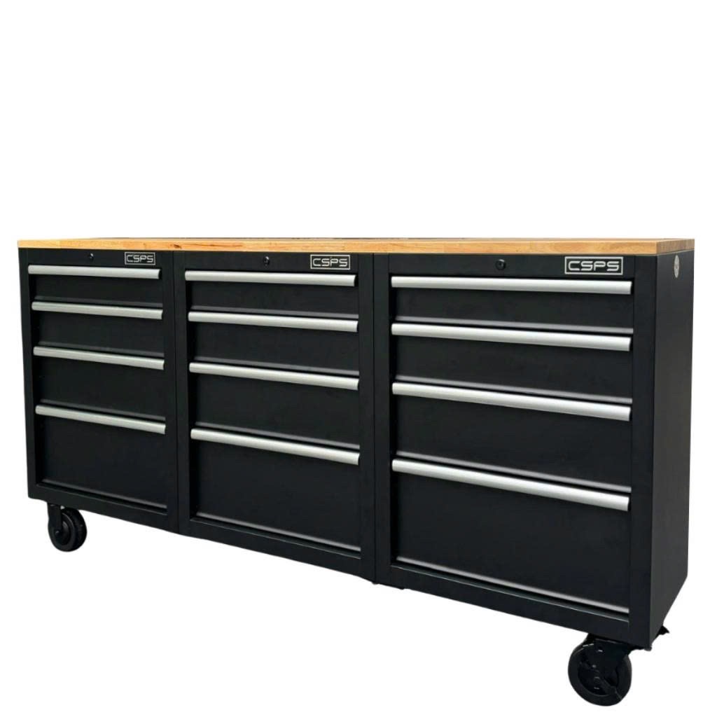 Tủ dụng cụ CSPS 183cm - 12 hộc kéo màu đen mặt ván gỗ (tay nắm trắng)