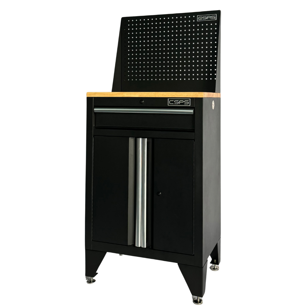 Tủ dụng cụ CSPS 61cm - 01 hộc kéo màu đen, tay cầm trắng kèm chân tủ ván gỗ vách lưới (Không vách ngăn)