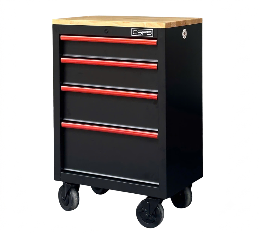 CSPS 61cm Black tool cabinet with casters and wooden top - 04 drawers (Red Handles)