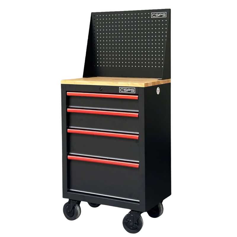 CSPS 61 cm Black Tool Cabinet with Casters, Wooden Top and Pegboard - 4 Drawers (Red Handles)