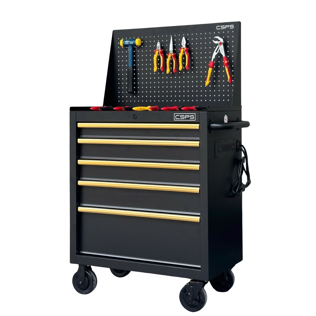 CSPS 76cm Black Non-Lift Tool Cabinet with Steel Top & Pegboard – 5 Drawers (Gold Handles)