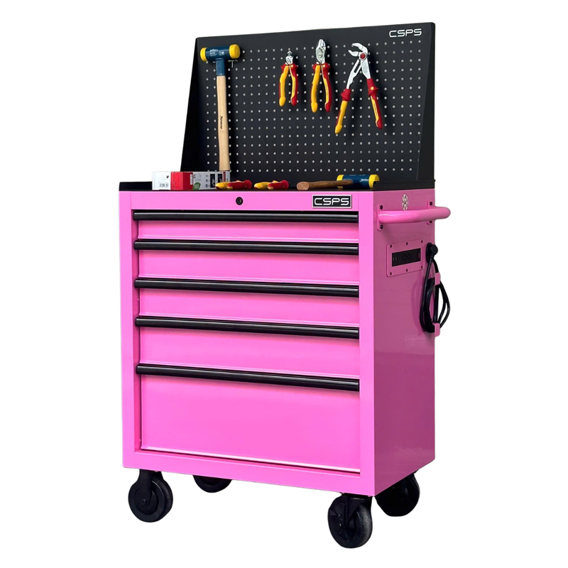 CSPS 76cm Glossy Pink Non-Lift Tool Cabinet with Steel Top & Pegboard – 5 Drawers
