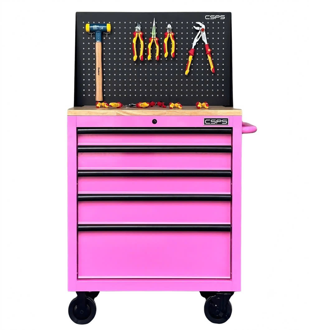 Tủ dụng cụ CSPS 76cm - 05 hộc kéo không nâng hạ màu hồng kèm vách lưới (mặt ván gỗ)