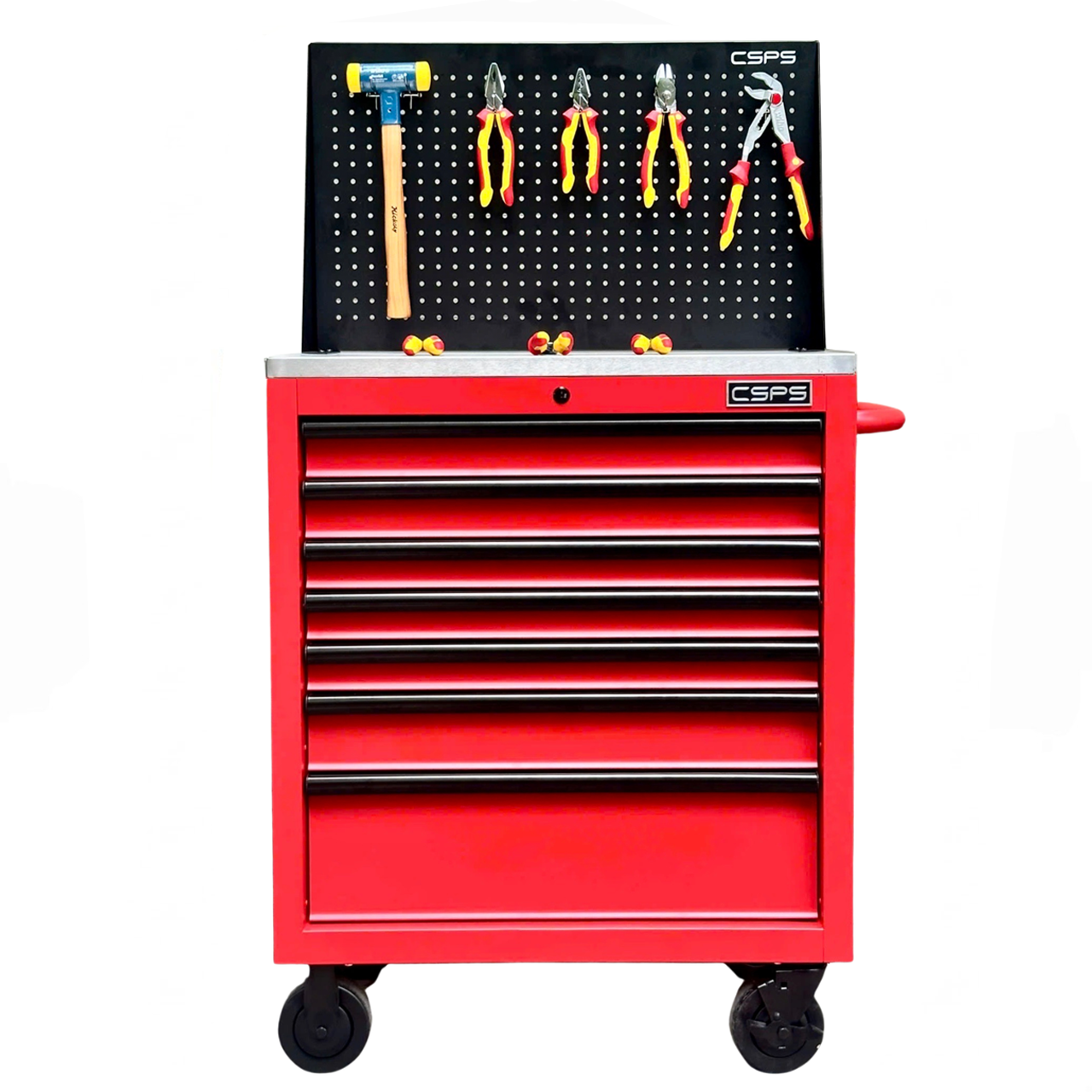 Tủ dụng cụ CSPS 76cm - 07 hộc kéo màu đỏ kèm vách lưới (mặt inox)