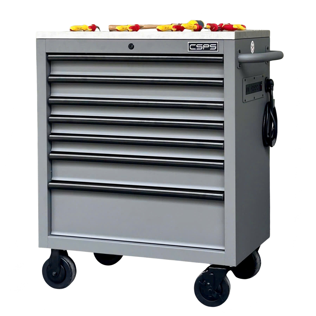 Tủ dụng cụ CSPS 76cm - 07 hộc kéo màu xám tay cầm đen (mặt inox)