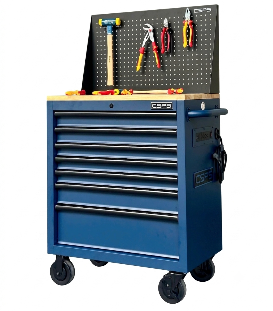 CSPS Matt Blue Tool Cabinet with wooden top - 7 Drawers (Black Mesh Wall)