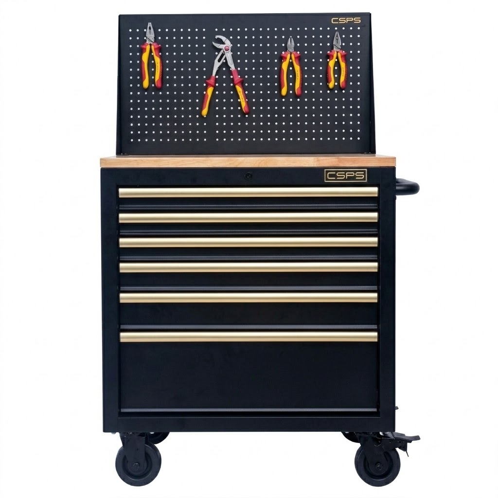 Tủ dụng cụ CSPS 76cm - 07 hộc kéo tay cầm vàng kèm vách lưới