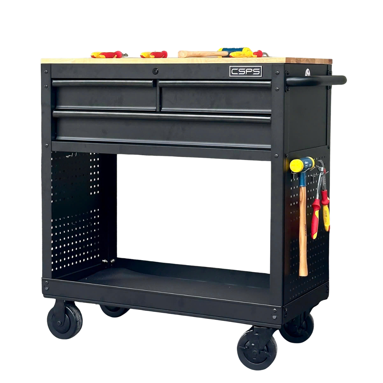 CSPS Matt Black tool cabinet 91cm with Solid Wood Top - 03 drawers