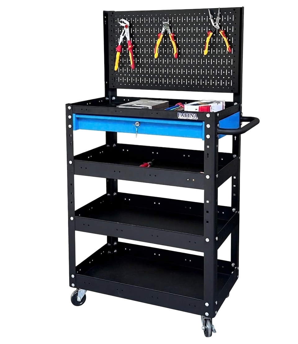 Xe đẩy 4 tầng cao 980mm màu đen hộc kéo xanh dương kèm vách lưới