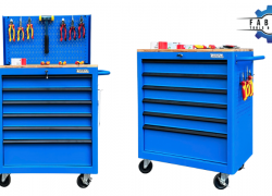 Hai lựa chọn linh hoạt cho xưởng hiện đại: Tủ dụng cụ 6 hộc kéo màu xanh dương Fabina có và không vách lưới