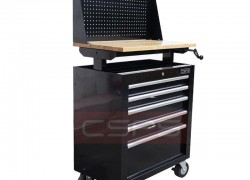 Tool cabinet with 5 drawers, raised and lowered wooden planks and CSPS mesh walls