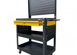 Multi-function trolley with 3 black compartments 1 yellow drawer with black mesh wall Fabina