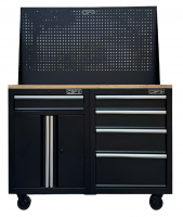 Set of 2 CSPS 122cm black tool cabinets with wooden surface and mesh wall - 05 drawers (white handle)