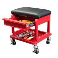 Car repair seat with red drawer with black cushion