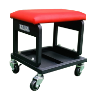 Car repair seat with black drawers with red cushion