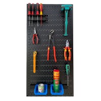 Black 45x90 vertical hanging pegboard net with hanging accessories