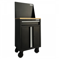 Tool cabinet 61cm - 01 black drawer with wooden wheels with mesh wall (white handle)